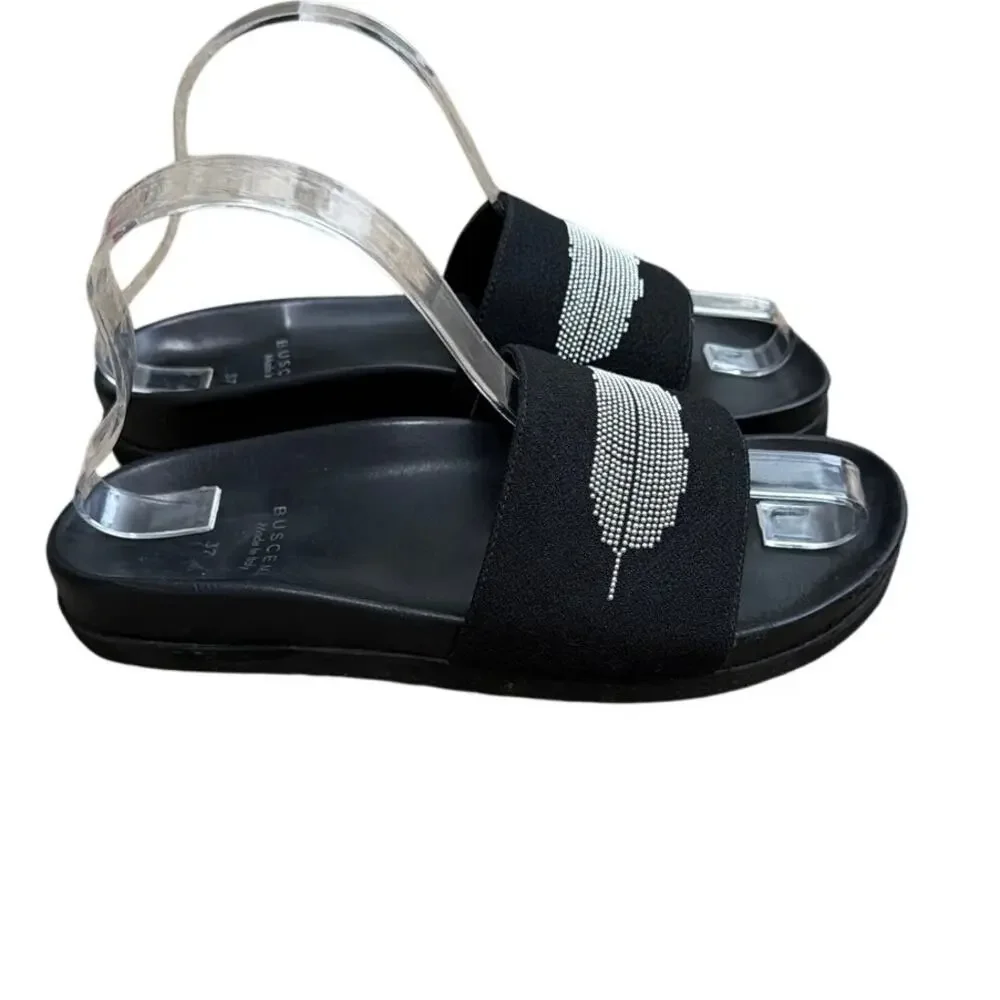 Buscemi Slide sandals black satin leather studded feather embellishment Size 7